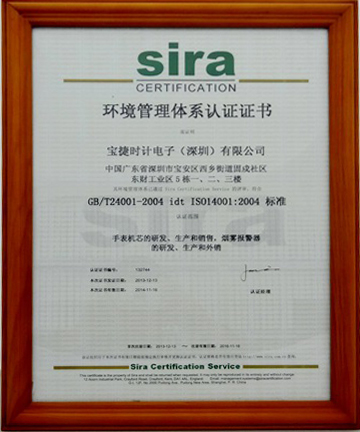 宝捷环境管理体系认证证书中文